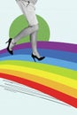 Vertical collage picture of black white colors man legs walk high heel shoes rainbow flag road isolated on drawing Royalty Free Stock Photo