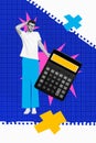 Vertical collage picture of black white colors minded guy scratch head hold huge calculator  on painted Royalty Free Stock Photo