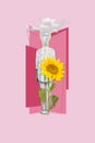 Vertical collage picture of black white colors mini person light bulb instead head clouds big sunflower isolated on pink