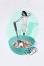 Vertical collage picture of black white colors pretty mini girl arm hold big spoon bowl cereal breakfast isolated on Royalty Free Stock Photo