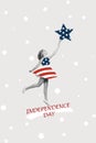 Vertical collage picture of black white effect girl jump arm reach touch star american flag patriotic dress isolated on