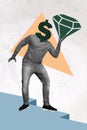 Vertical collage picture of black white effect guy dollar symbol instead head arm hold painted diamond isolated on