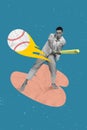 Vertical collage picture of black white effect guy hold baseball bat shoot ball flame fire isolated on creative