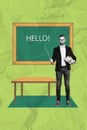Vertical collage picture of black white effect teacher man hand hold pointer pile stack book showing hello word
