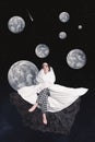 Vertical collage picture of cheerful girl warm comfy blanket sitting meteorite isolated on full moon space background