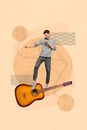 Vertical collage picture of cheerful mini guy stand dancing big acoustic guitar isolated on beige background Royalty Free Stock Photo