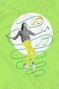 Vertical collage picture dancing happy carefree young girl celebrate joyful time music listener meloman green glasses