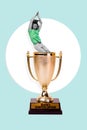 Vertical collage picture of delighted mini black white effect guy inside worlds smartest person award cup isolated on