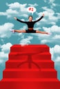 Vertical collage picture of delighted overjoyed girl jump red stair podium isolated on clouds sky creative background Royalty Free Stock Photo