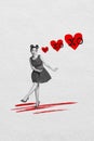 Vertical collage picture of excited black white colors girl pouted lips dancing painted hearts isolated on paper