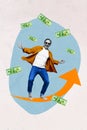 Vertical collage picture of excited black white colors man stand growing upwards arrow flying dollar bills isolated on