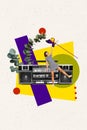 Vertical collage picture of excited cheerful mini gigrl dancing hand hold big flower boombox music isolated on painted