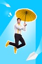 Vertical collage picture of excited overjoyed guy hold fly umbrella drawing paper airplanes isolated on creative