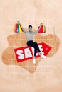 Vertical collage picture of excited overjoyed person black white effect sitting sale banner hold shopping bags isolated