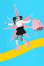 Vertical collage picture of excited positive girl black white effect hold backpack ride rollers isolated on painted star