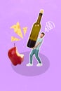 Vertical collage picture of excited positive guy arms hold huge wine bottle bitten apple pieces cheese isolated on