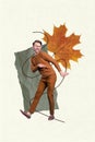 Vertical collage picture of excited positive guy enjoy dancing partying huge fallen maple leaf isolated on painted