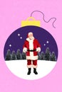Vertical collage picture of fairy santa claus inside painted snowy forest tree bauble ball toy silhouette isolated on