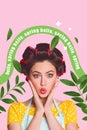 Vertical collage picture funny housewife retro style girl doing perming use curlers prepare spring shopping creative