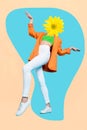 Vertical collage picture of girl dancing flower instead head isolated on painting creative background Royalty Free Stock Photo