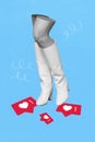 Vertical collage picture of girl legs boots black white effect like notifications isolated on painted background
