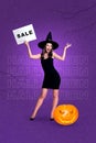 Vertical collage picture of gorgeous witch girl hold demonstrate halloween sale banner carved pumpkin isolated on