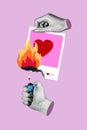 Vertical collage picture of hand holding lighter flame burning love paper postcard break up concept isolated on pink Royalty Free Stock Photo