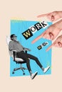 Vertical collage picture of huge arms point finger black white gamma imressed person sit chair work text isolated on Royalty Free Stock Photo
