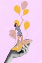 Vertical collage picture huge hand hold telephone person stand screen hold air drawing balloons