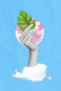 Vertical collage picture of human arm black white gamma hold green plant leaf isolated on creative clouds sky background