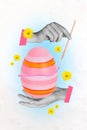 Vertical collage picture human hands hold huge easter egg painting brush preparation colorful decoration religious Royalty Free Stock Photo