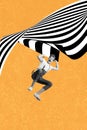 Vertical collage picture illustration black white effect shocked scary young man fall down exclusive colorful striped