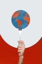 Vertical collage picture illustration human hand hold fork eat planet earth tasty delicious circle sketch unusual red