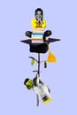 Vertical collage picture illustration little boy sit hand hold big rose mortarboard book excited graduate abstract art