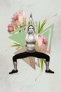 Vertical collage picture illustration monochrome effect strong powerful young lady practice meditation therapy