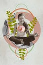 Vertical collage picture illustration retro effect concentrated peaceful little lady practice meditation therapy lotus