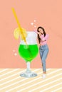 Vertical collage picture image poster of beautiful positive lady stand admire big glass tasty drink isolated on drawing