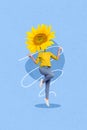Vertical collage picture of jumping girl demonstrate v-sign sunflower instead head blue yellow ukraine colors save
