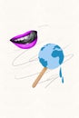 Vertical collage picture lips tongue toothy smile lick ice cream planet earth world day warning water melting sketch