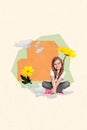 Vertical collage picture of lovely funny mini girl sitting cloud fresh daisy flowers isolated on creative white