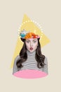 Vertical collage picture of lovely girl pouted lips tea pot cup croissant inside head isolated on painted background
