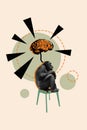 Vertical collage picture of minded monkey animal sit chair think huge connected brain isolated on drawing beige