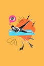 Vertical collage picture of minded sportive girl stretching leg fitness carpet dream sweet chocolate donut isolated on Royalty Free Stock Photo