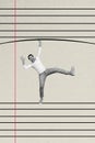 Vertical collage picture of mini excited black white colors guy dancing rejoice arm hold striped copybook paper page