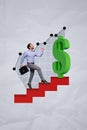 Vertical collage picture of mini excited guy climb stairs upwards big dollar money symbol isolated on grey paper Royalty Free Stock Photo