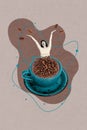 Vertical collage picture of mini excited positive black white colors girl big fresh coffee beans cup isolated on drawing Royalty Free Stock Photo