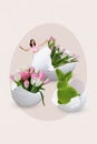 Vertical collage picture of mini funky positive girl big fresh tulip flowers inside broken egg shell fluffy rabbit toy Royalty Free Stock Photo