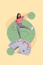 Vertical collage picture of mini overjoyed girl stand big set poker cards dancing isolated on painted background Royalty Free Stock Photo