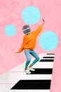 Vertical collage picture of mini person microphone instead head dancing big piano keys isolated on paper pink background