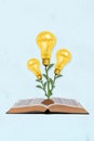 Vertical collage picture of open book growing light bulb plant isolated on creative drawing background